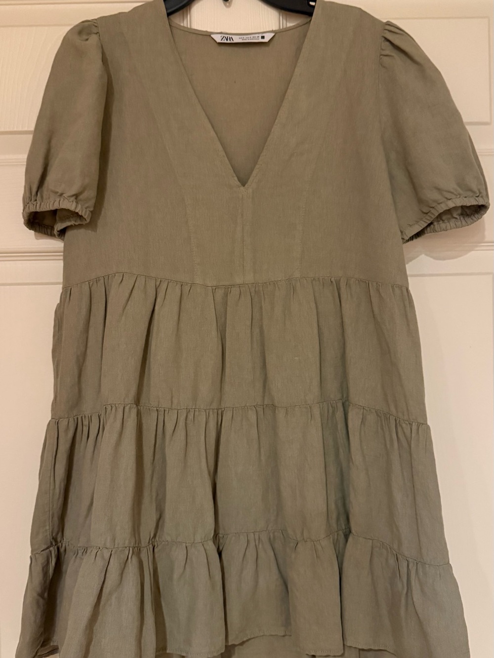Zara Linen Sage Green V-Neck Tiered Mini Dress